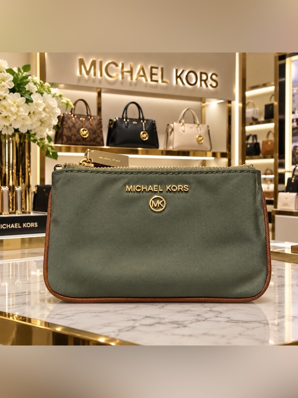 Michael Kors Olive Green Zip Pouch with Brown Trim NWOT